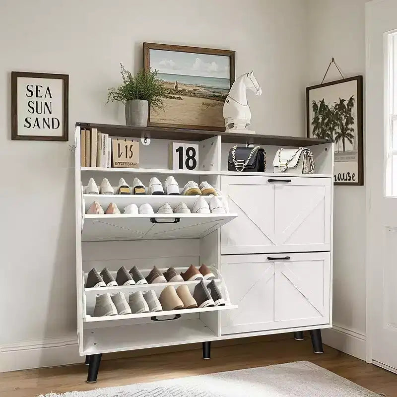 4-Drawer Flip Shoe Cabinet, Freestanding Hidden Shoe Organizer with Metal Legs & Solid Wood Doors, Narrow Entryway Shoe Storage for Hallway Foyer