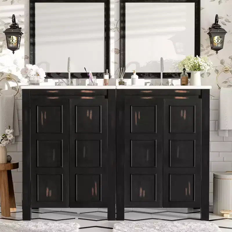 48 Vintage Bathroom Vanity Combo with Double Vanities, Bathroom Storage Cabinet with Soft Close Doors and Shelf, Espresso