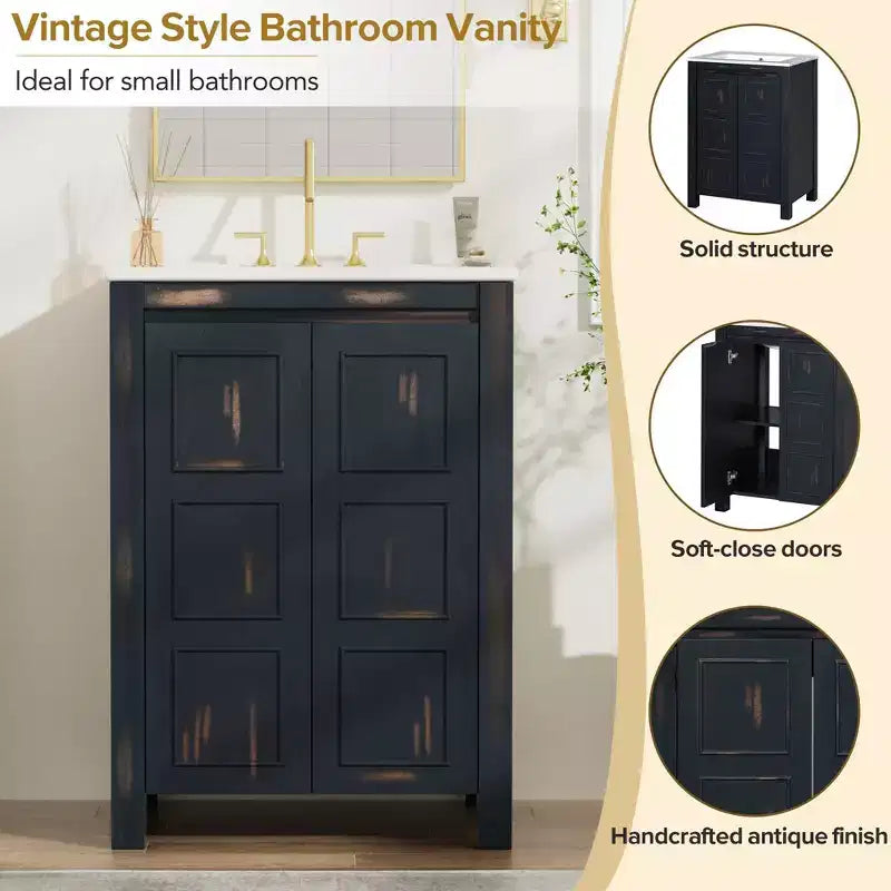 48 Vintage Bathroom Vanity Combo with Double Vanities, Bathroom Storage Cabinet with Soft Close Doors and Shelf, Espresso