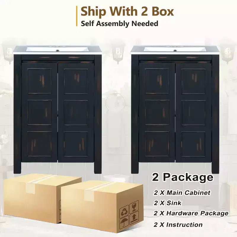 48 Vintage Bathroom Vanity Combo with Double Vanities, Bathroom Storage Cabinet with Soft Close Doors and Shelf, Espresso