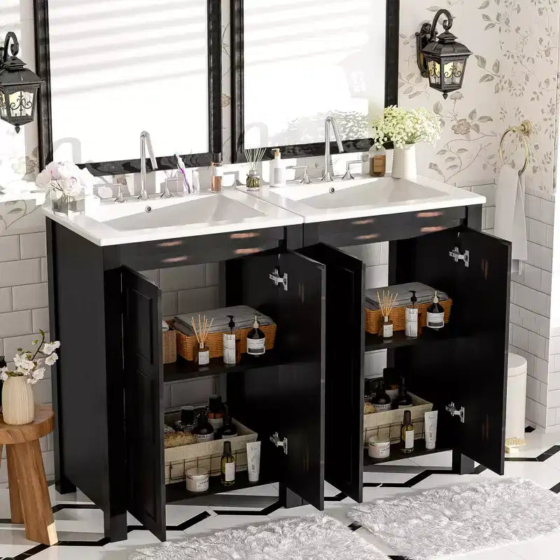 48 Vintage Bathroom Vanity Combo with Double Vanities, Bathroom Storage Cabinet with Soft Close Doors and Shelf, Espresso