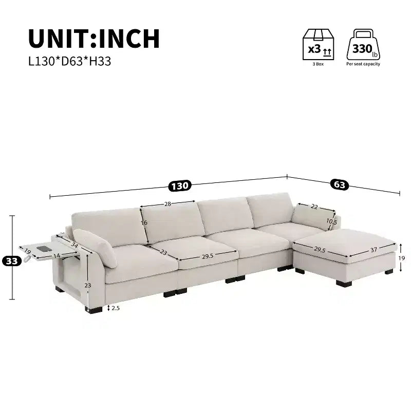 GDFStudio Lucas Modern 130 Chenille L-Shaped Modular Sectional Sofa with Ottoman, DUAL-PORT CHARGING and Folding Table
