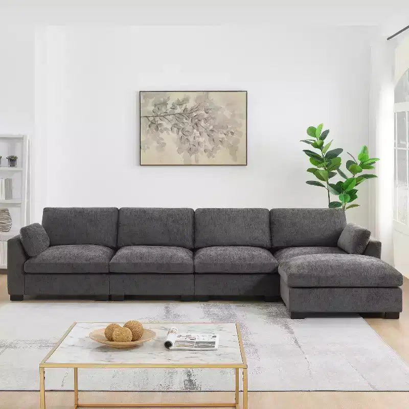 GDFStudio Lucas Modern 130 Chenille L-Shaped Modular Sectional Sofa with Ottoman, DUAL-PORT CHARGING and Folding Table