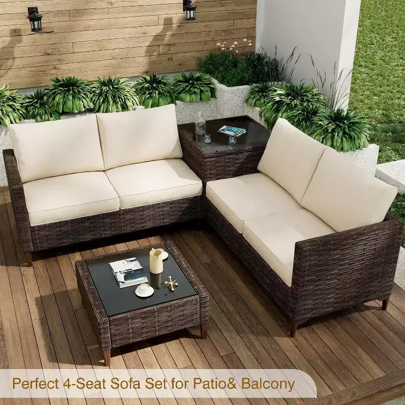 COZONY All Weather PE Rattan Patio Sectional Set, Loveseat Sofa Coffee Table with Storage for Backyard Poolside Porch