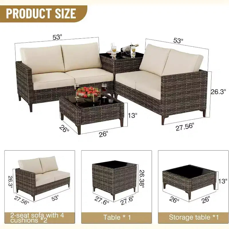 COZONY All Weather PE Rattan Patio Sectional Set, Loveseat Sofa Coffee Table with Storage for Backyard Poolside Porch