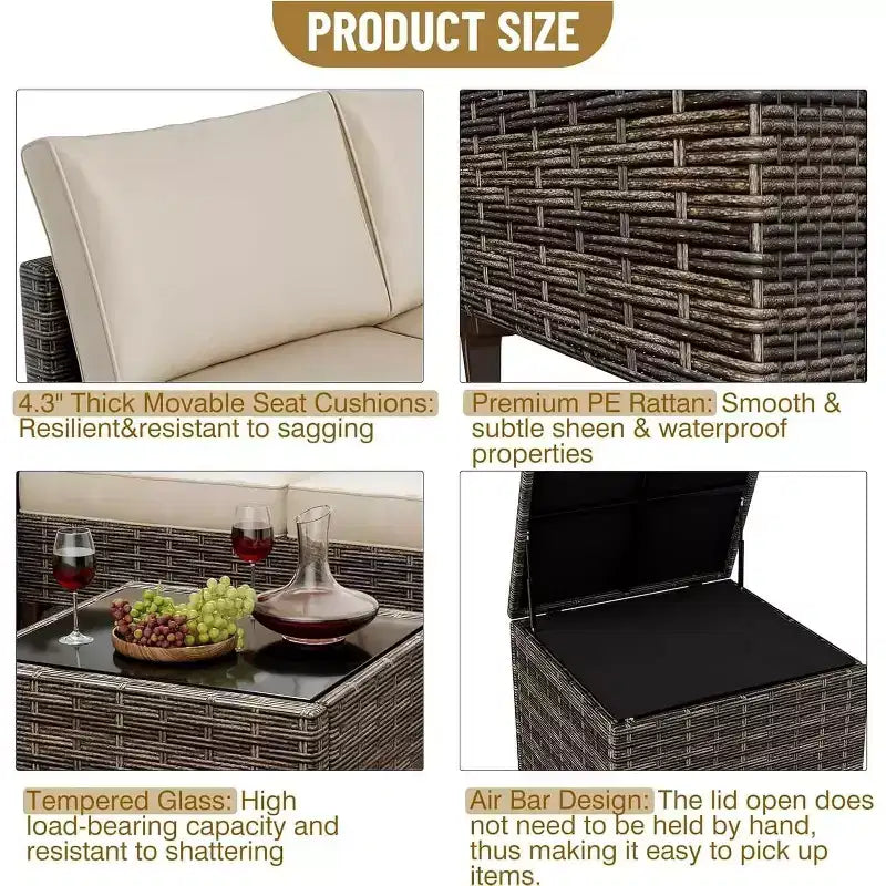 COZONY All Weather PE Rattan Patio Sectional Set, Loveseat Sofa Coffee Table with Storage for Backyard Poolside Porch