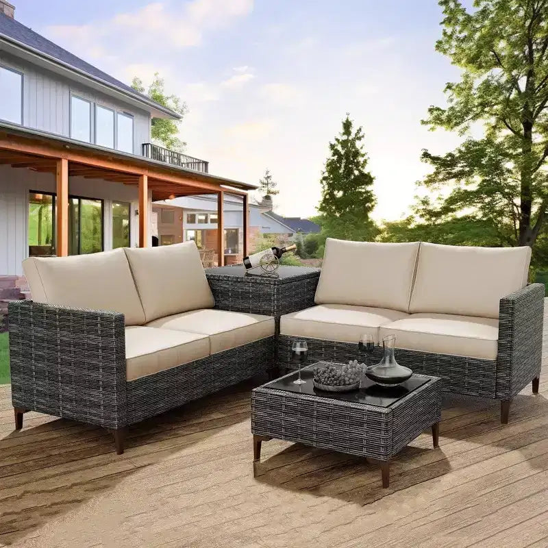 COZONY All Weather PE Rattan Patio Sectional Set, Loveseat Sofa Coffee Table with Storage for Backyard Poolside Porch