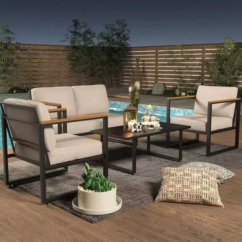 COZONY 4 Piece Outdoor Patio Set, Metal Conversation Chairs Coffee Table Sectional for Porch Balcony Garden