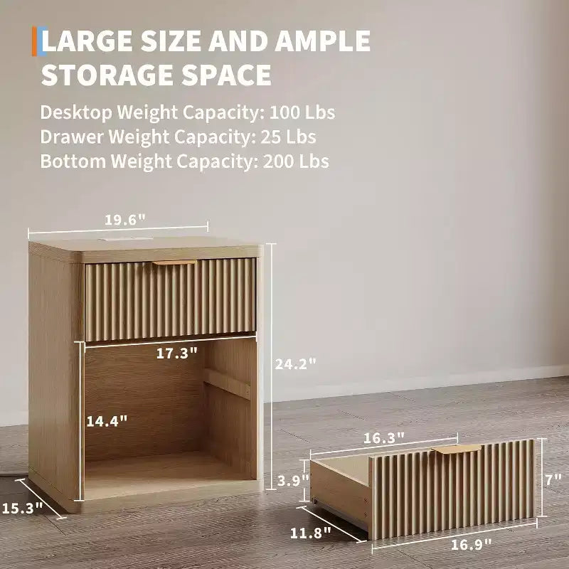 Bedside Table Nightstand with Bedside Storage, Bedroom Side Table and Organizer, Functional and Fluted Nightstand