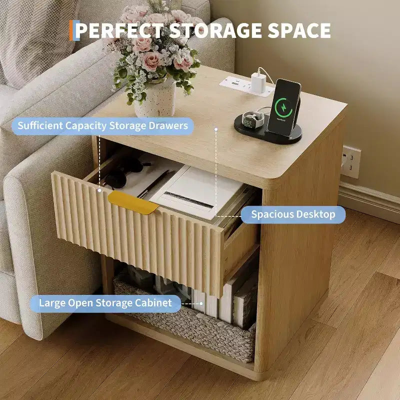 Bedside Table Nightstand with Bedside Storage, Bedroom Side Table and Organizer, Functional and Fluted Nightstand