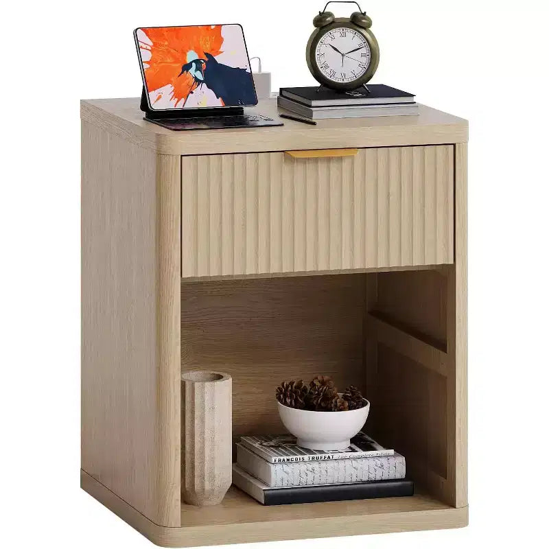 Bedside Table Nightstand with Bedside Storage, Bedroom Side Table and Organizer, Functional and Fluted Nightstand