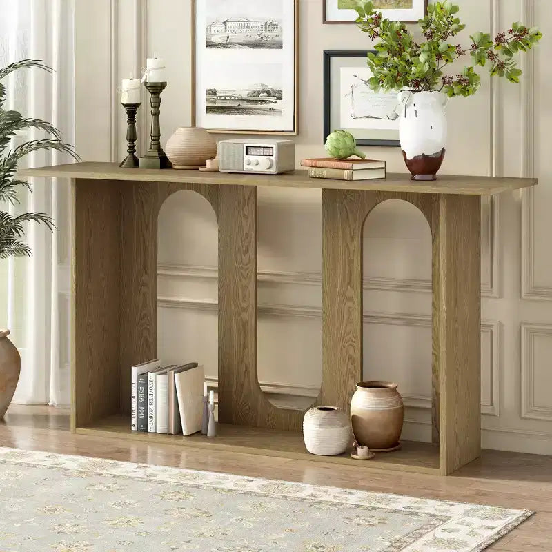 Okak Modern Console Table with Bottom Shelf,Entryway Table with Curved Design & Ash Veneer,Foyer Tables for Entryway,Living Room
