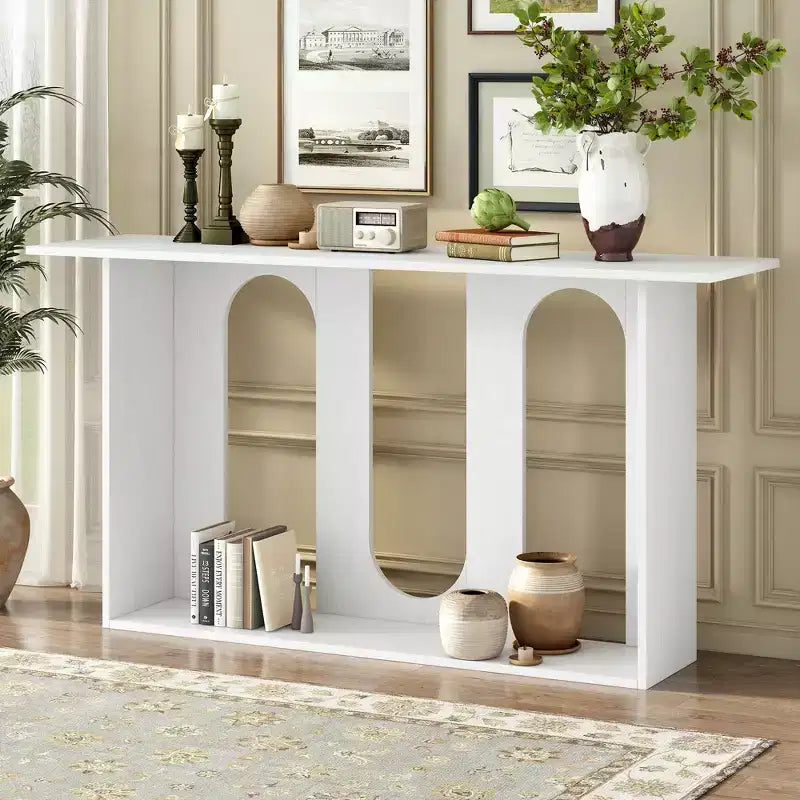 Okak Modern Console Table with Bottom Shelf,Entryway Table with Curved Design & Ash Veneer,Foyer Tables for Entryway,Living Room