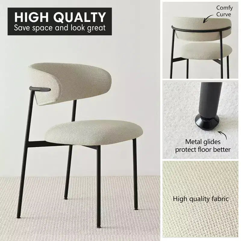 Upholstered Dining Chairs Set of 4, Comfortable Curved Back Kitchen Chair with Wide Fabric Seat & Black Metal Legs - Panipeachy
