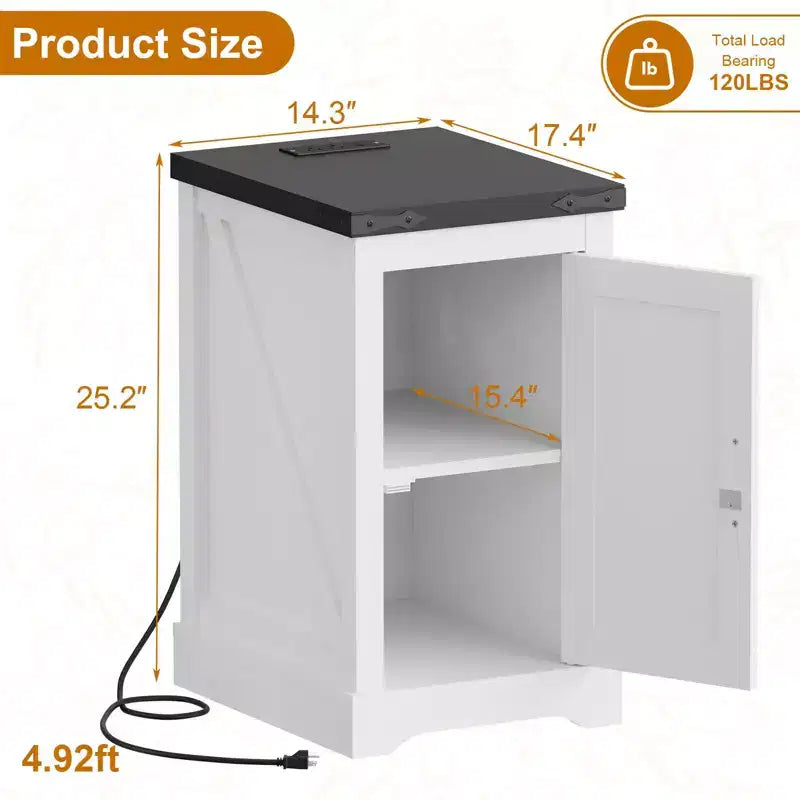 Farmhouse End Table, Adjustable Shelf, Cable Management | Convenient Power End Table for Bedroom, Living Room