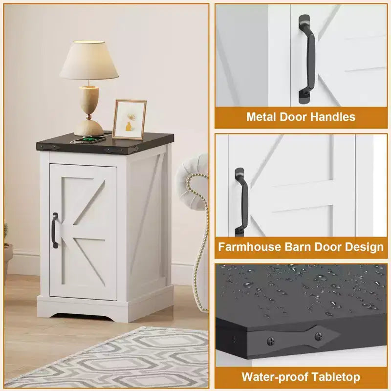 Farmhouse End Table, Adjustable Shelf, Cable Management | Convenient Power End Table for Bedroom, Living Room