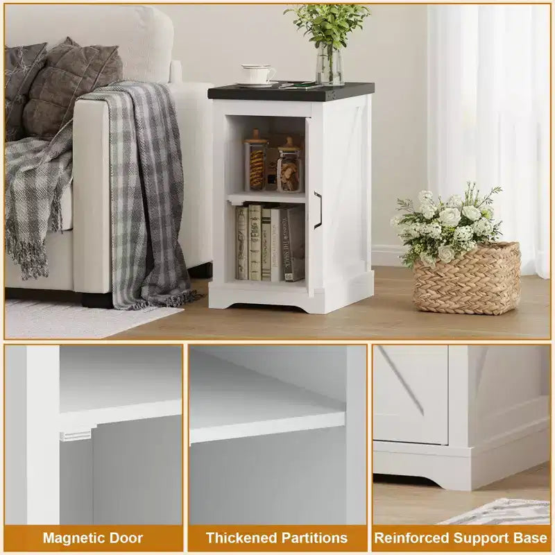 Farmhouse End Table, Adjustable Shelf, Cable Management | Convenient Power End Table for Bedroom, Living Room