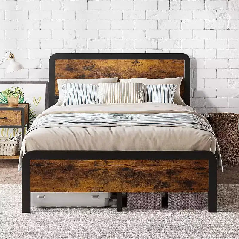 Queen Bed Metal Frame with Wooden Vintage Headboard and Tailboard, Platform Frame with Safety Rounded Corners and Slat Support, No Box Spring Needed