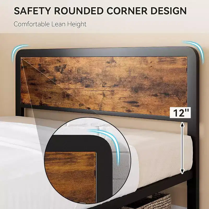 Queen Bed Metal Frame with Wooden Vintage Headboard and Tailboard, Platform Frame with Safety Rounded Corners and Slat Support, No Box Spring Needed