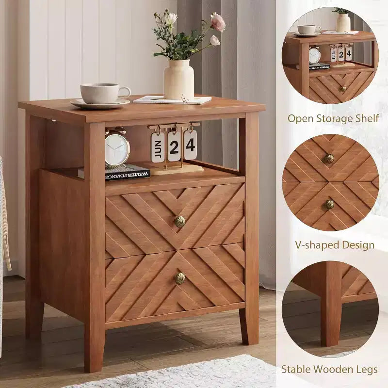 Nightstand with 2 Drawers, Stable Wooden Legs Farmhouse Nightstand, Wooden Rustic Bedside Table for Bedroom Living Room, 2 pcs, Brown