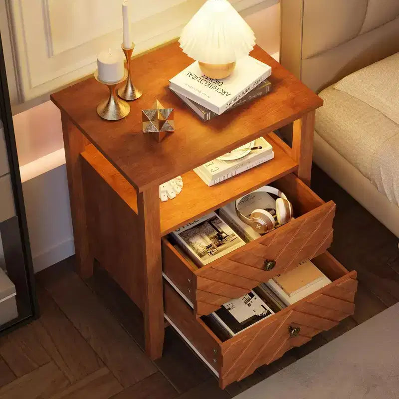 Nightstand with 2 Drawers, Stable Wooden Legs Farmhouse Nightstand, Wooden Rustic Bedside Table for Bedroom Living Room, 2 pcs, Brown