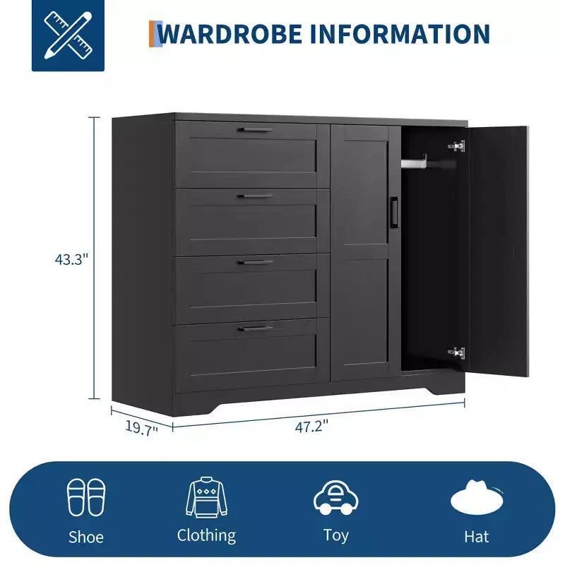 Acekool Wooden Armoire Wardrobe Closet with 2 Doors, 4 Drawers, Hanging Rod, Anti-Tip Design & Metal Handles, Modern Bedroom Storage