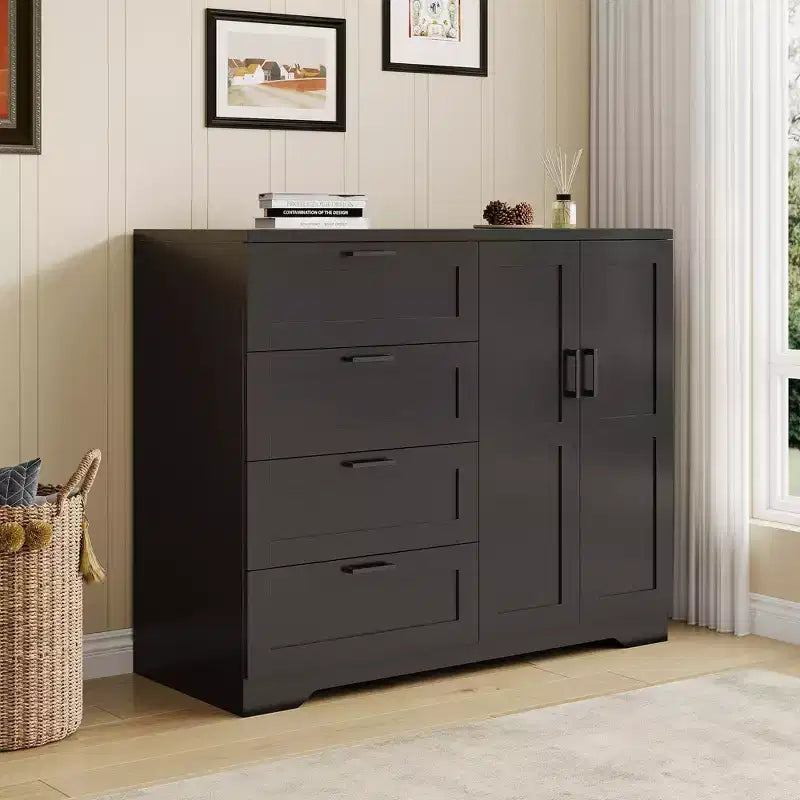 Acekool Wooden Armoire Wardrobe Closet with 2 Doors, 4 Drawers, Hanging Rod, Anti-Tip Design & Metal Handles, Modern Bedroom Storage