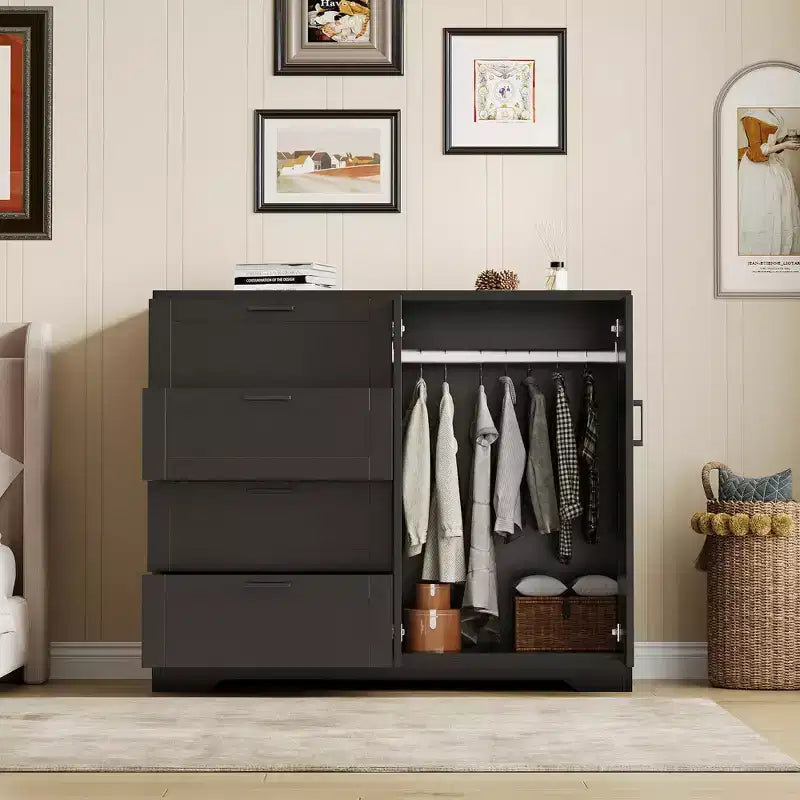 Acekool Wooden Armoire Wardrobe Closet with 2 Doors, 4 Drawers, Hanging Rod, Anti-Tip Design & Metal Handles, Modern Bedroom Storage