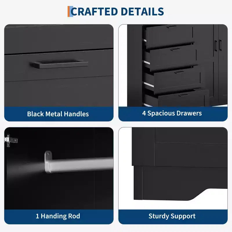 Acekool Wooden Armoire Wardrobe Closet with 2 Doors, 4 Drawers, Hanging Rod, Anti-Tip Design & Metal Handles, Modern Bedroom Storage