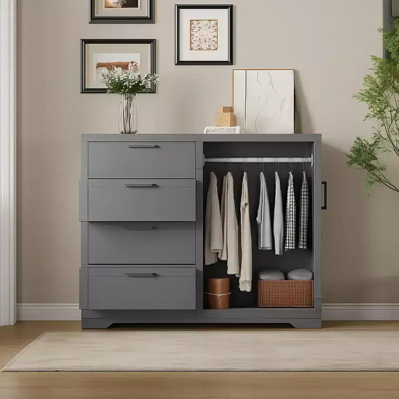 Acekool Wooden Armoire Wardrobe Closet with 2 Doors, 4 Drawers, Hanging Rod, Anti-Tip Design & Metal Handles, Modern Bedroom Storage