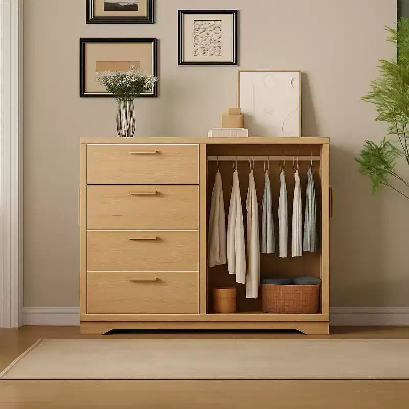 Acekool Wooden Armoire Wardrobe Closet with 2 Doors, 4 Drawers, Hanging Rod, Anti-Tip Design & Metal Handles, Modern Bedroom Storage