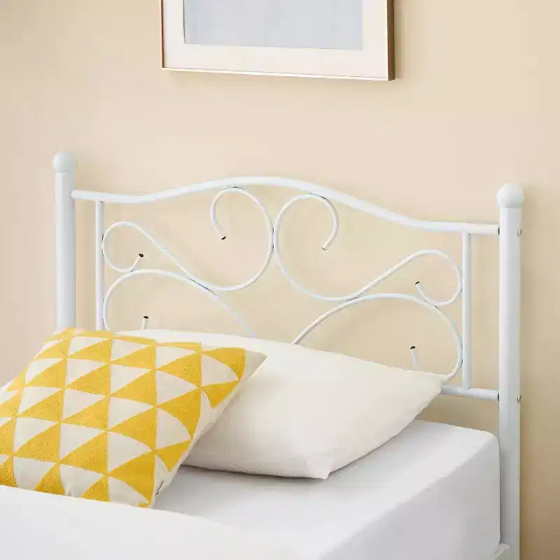 Single bed frame with headboard, sturdy mattress base with steel slats, ideal for apartment bedrooms.