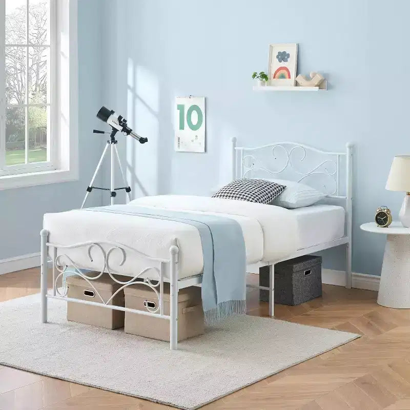 Single bed frame with headboard, sturdy mattress base with steel slats, ideal for apartment bedrooms.