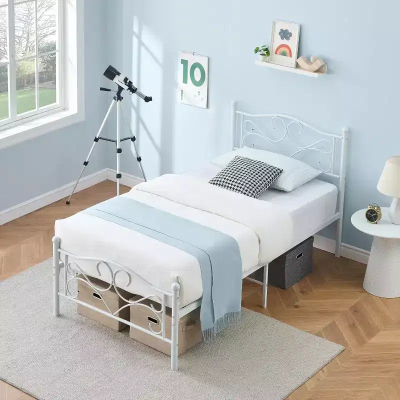 Single bed frame with headboard, sturdy mattress base with steel slats, ideal for apartment bedrooms.
