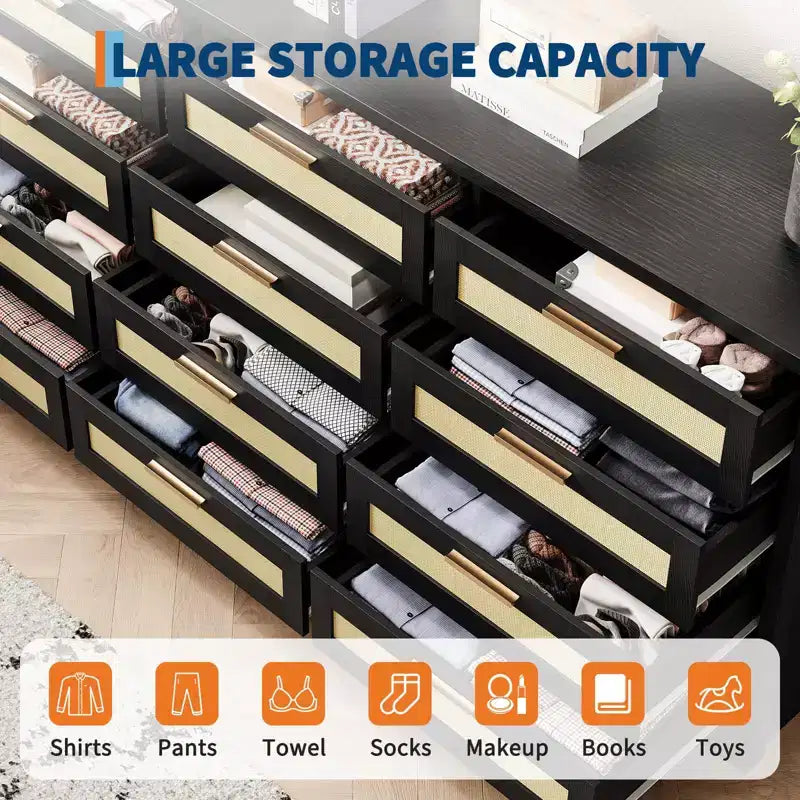 12 Drawer Dresser, Rattan Chest of Drawers, Closet Clothes Storage Organizer, Dressers with Drawers for Bedroom, Living Room