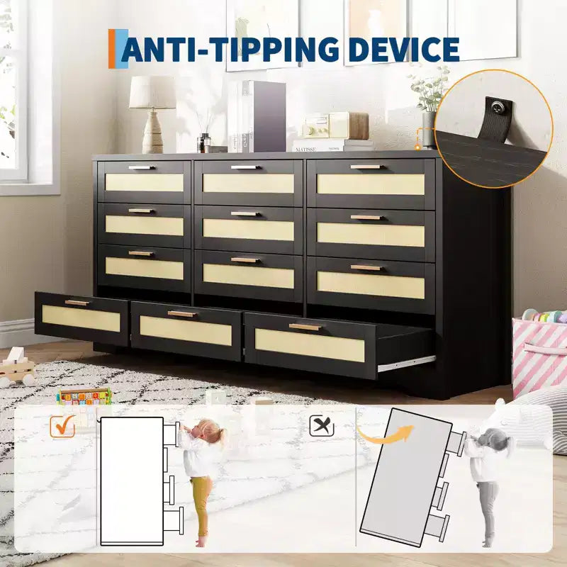 12 Drawer Dresser, Rattan Chest of Drawers, Closet Clothes Storage Organizer, Dressers with Drawers for Bedroom, Living Room