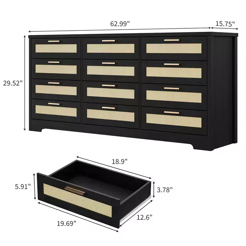 12 Drawer Dresser, Rattan Chest of Drawers, Closet Clothes Storage Organizer, Dressers with Drawers for Bedroom, Living Room