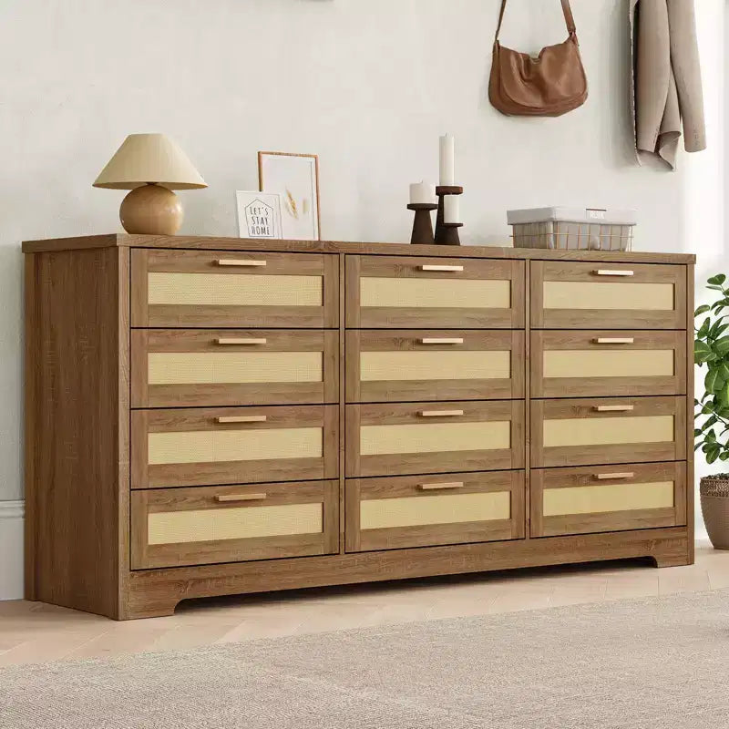 12 Drawer Dresser, Rattan Chest of Drawers, Closet Clothes Storage Organizer, Dressers with Drawers for Bedroom, Living Room