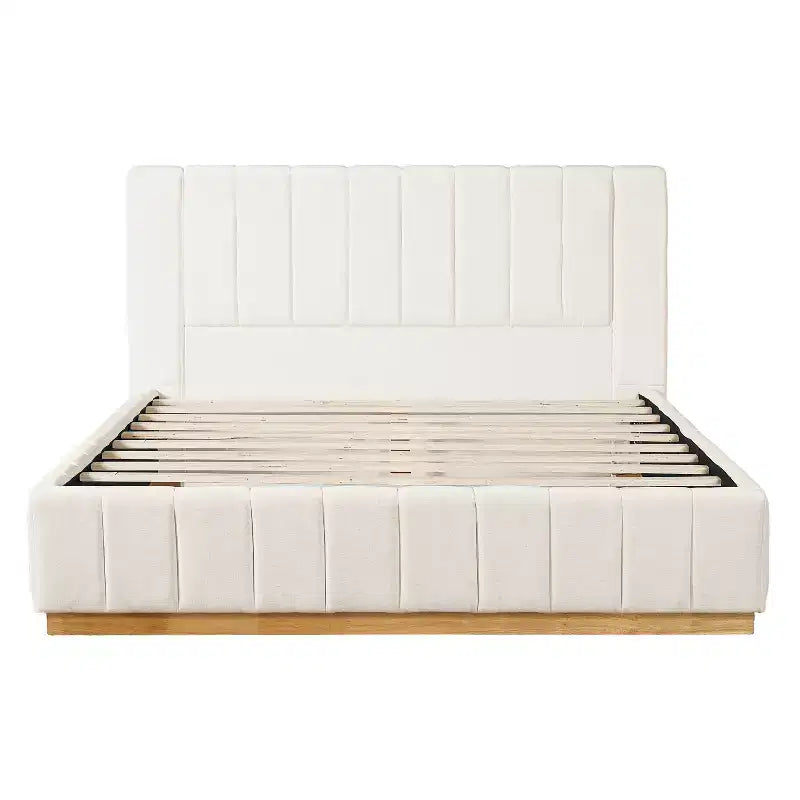 Queen/King Size Platform Bed Frame with Upholstered Headboard & Minimalist Striped Fabric, Beige - ModernLuxe