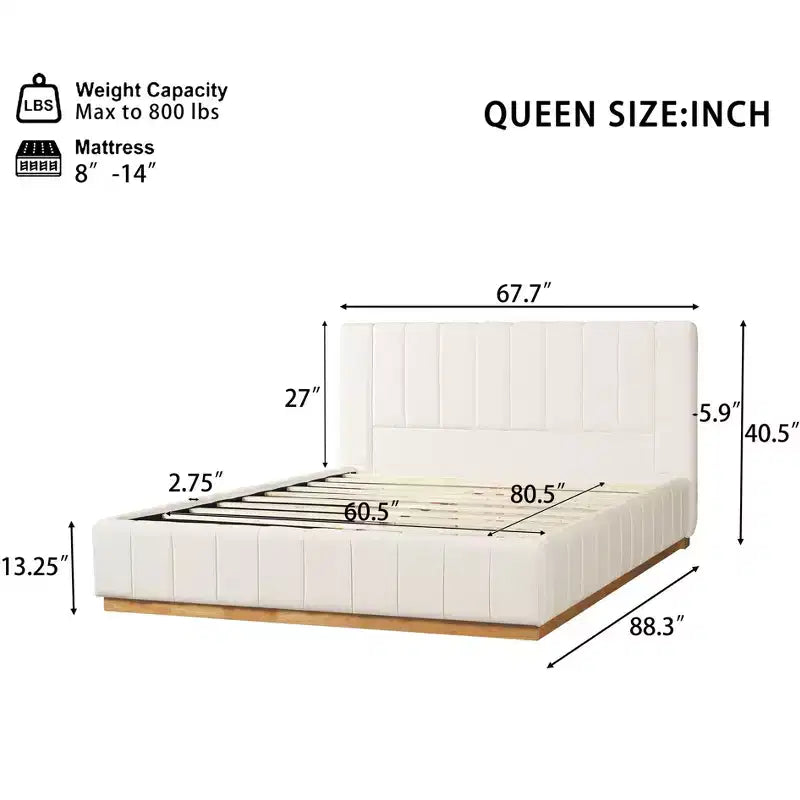 Queen/King Size Platform Bed Frame with Upholstered Headboard & Minimalist Striped Fabric, Beige - ModernLuxe