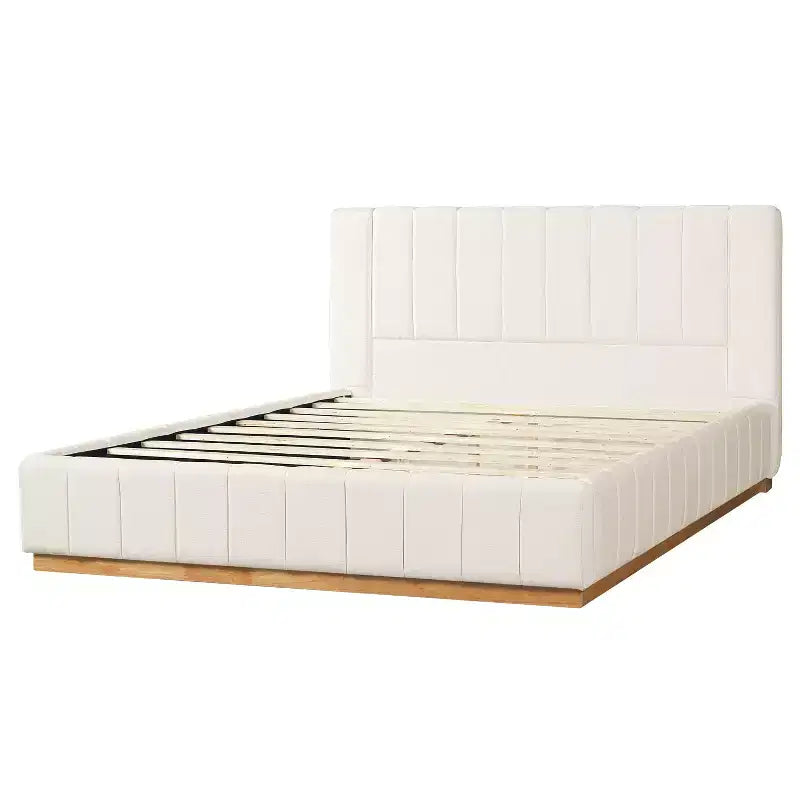 Queen/King Size Platform Bed Frame with Upholstered Headboard & Minimalist Striped Fabric, Beige - ModernLuxe