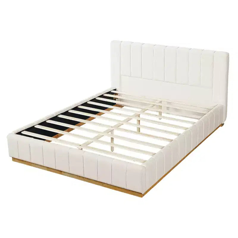 Queen/King Size Platform Bed Frame with Upholstered Headboard & Minimalist Striped Fabric, Beige - ModernLuxe