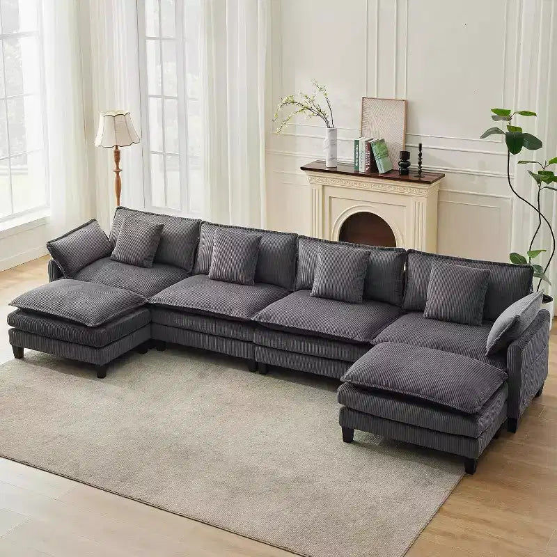 146.5 Modular Sectional Sofa with Ottoman & Pillows  Corduroy U/L-Shaped Cloud Couch for Living Room, Office, Bedroom & Apartment