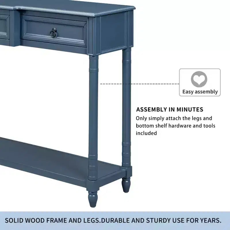 Console, Sofa Table with 3 Projecting Drawers, Botton Long Open Shelf Rustic Mufti-Functional Home Furniture for Entryway Navy Blue