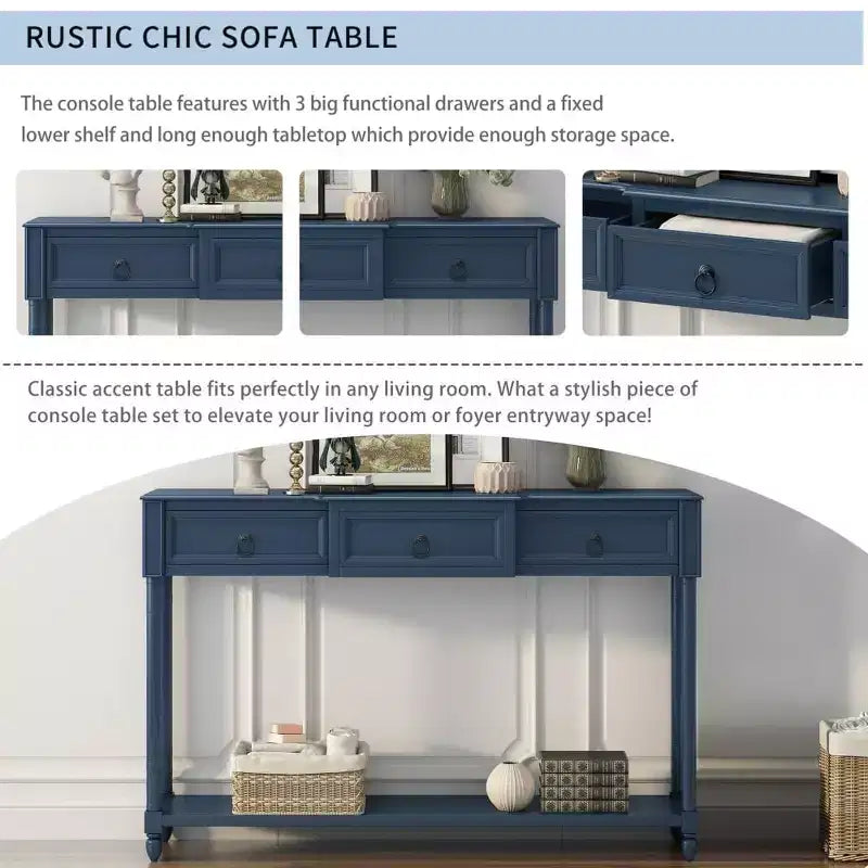 Console, Sofa Table with 3 Projecting Drawers, Botton Long Open Shelf Rustic Mufti-Functional Home Furniture for Entryway Navy Blue