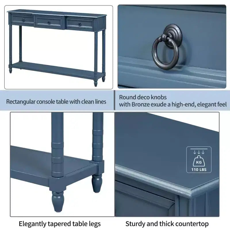 Console, Sofa Table with 3 Projecting Drawers, Botton Long Open Shelf Rustic Mufti-Functional Home Furniture for Entryway Navy Blue
