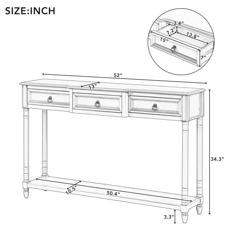 Console, Sofa Table with 3 Projecting Drawers, Botton Long Open Shelf Rustic Mufti-Functional Home Furniture for Entryway Navy Blue