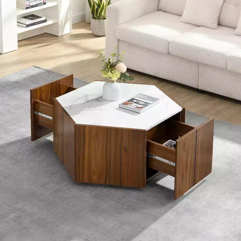 Hexagonal Coffee Table, Rustic Retro Wood Center Table with 2 Hidden Drawers, Textured Marble Top - ModernLuxe