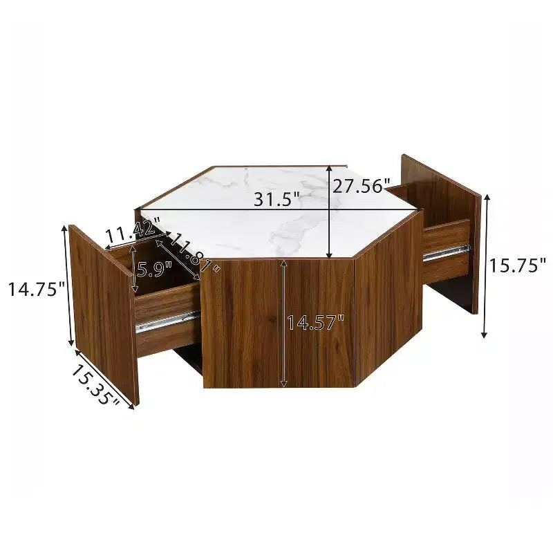 Hexagonal Coffee Table, Rustic Retro Wood Center Table with 2 Hidden Drawers, Textured Marble Top - ModernLuxe