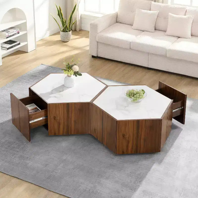 Hexagonal Coffee Table, Rustic Retro Wood Center Table with 2 Hidden Drawers, Textured Marble Top - ModernLuxe